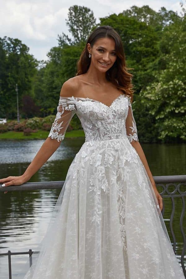 Brautkleider Spitzen A-Linie Hochzeitskleid Brautmode Langarm Standesamt Vintage Brautkleid