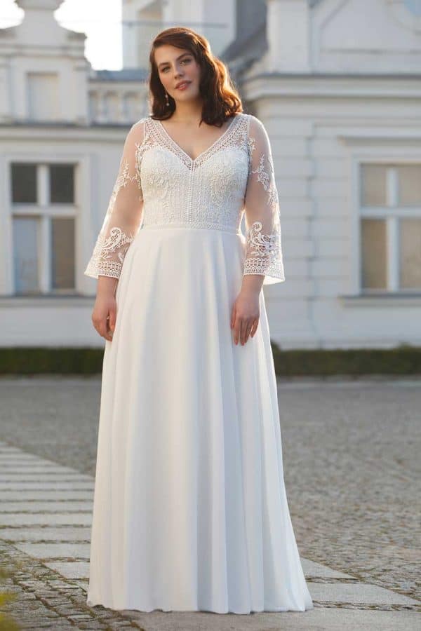 Hochzeitskleider Standesamt Damen Kurz Weiß A Linie 3/4 Länge Transparent Brautkleider mit ärmel